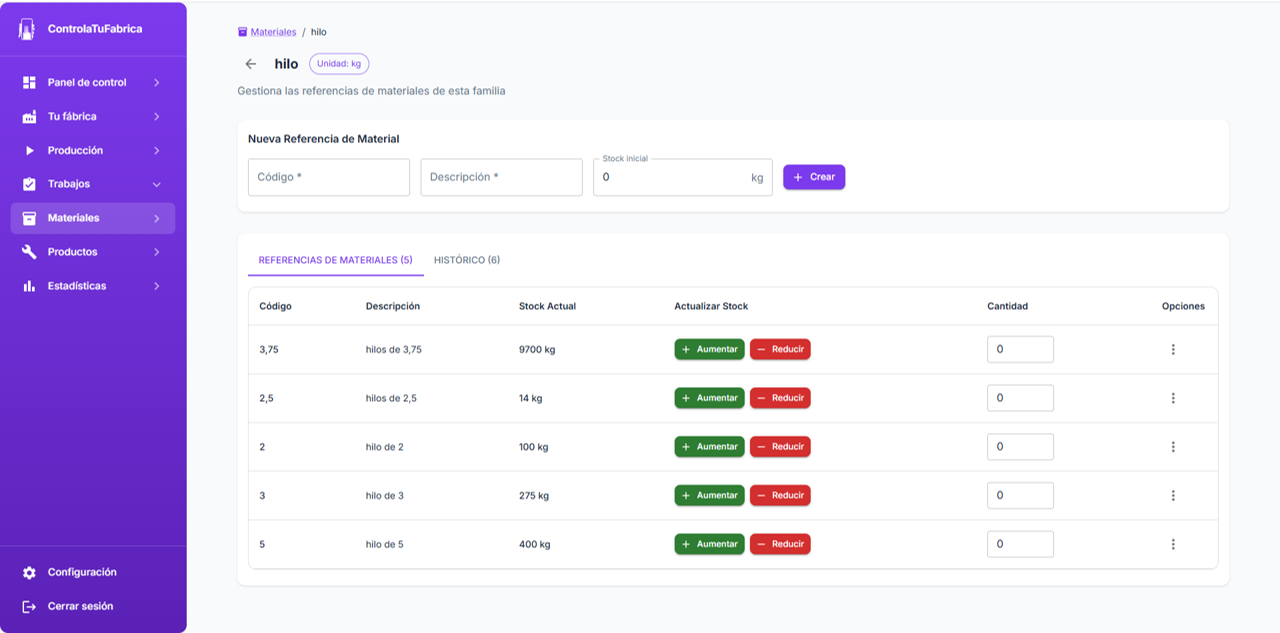 Control de inventario de materiales con alertas de stock bajo y organización por familias