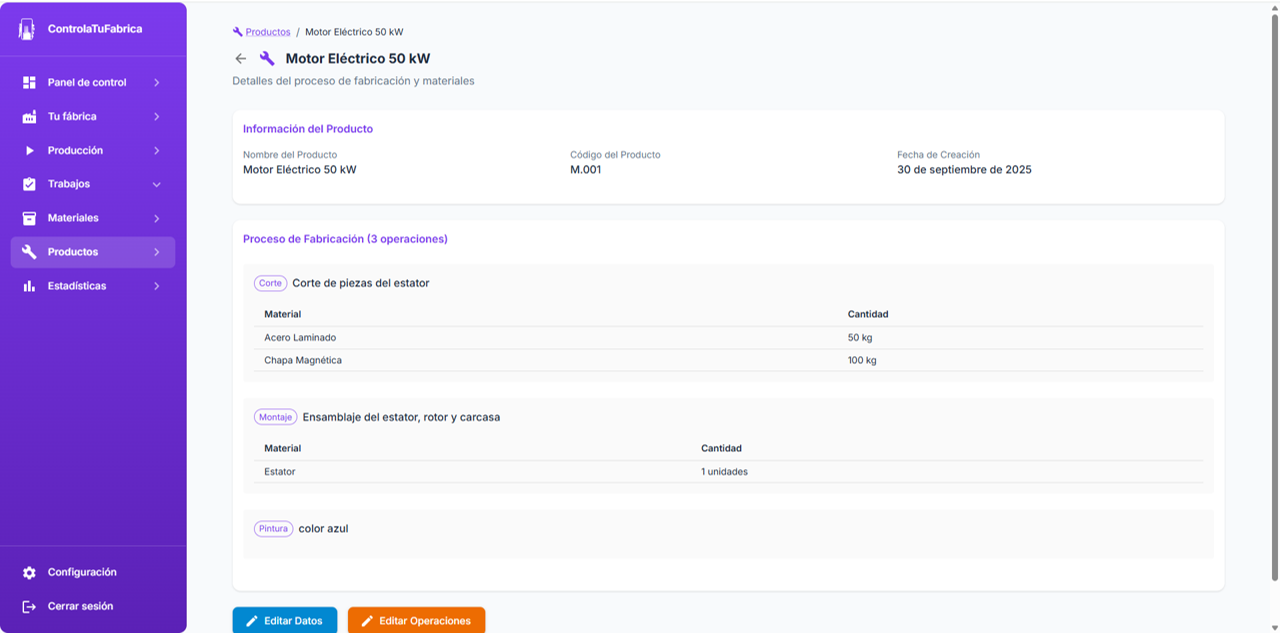 Gestión de catálogo de productos con operaciones de manufactura y consumo de materiales